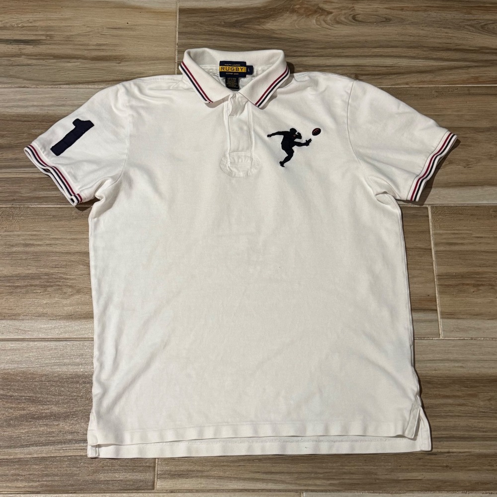 Ralph Lauren Rugby Mens White Kicker Polo Shirt Size Large Red Blue Striped Trim